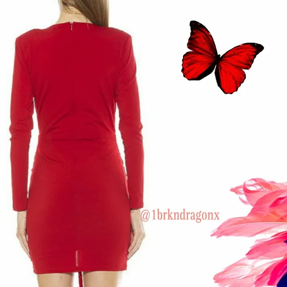 NWT Rose Red Ruched Long Sleeve Dress Red Mini Cocktail Party Evening Ruffle - Picture 11 of 15